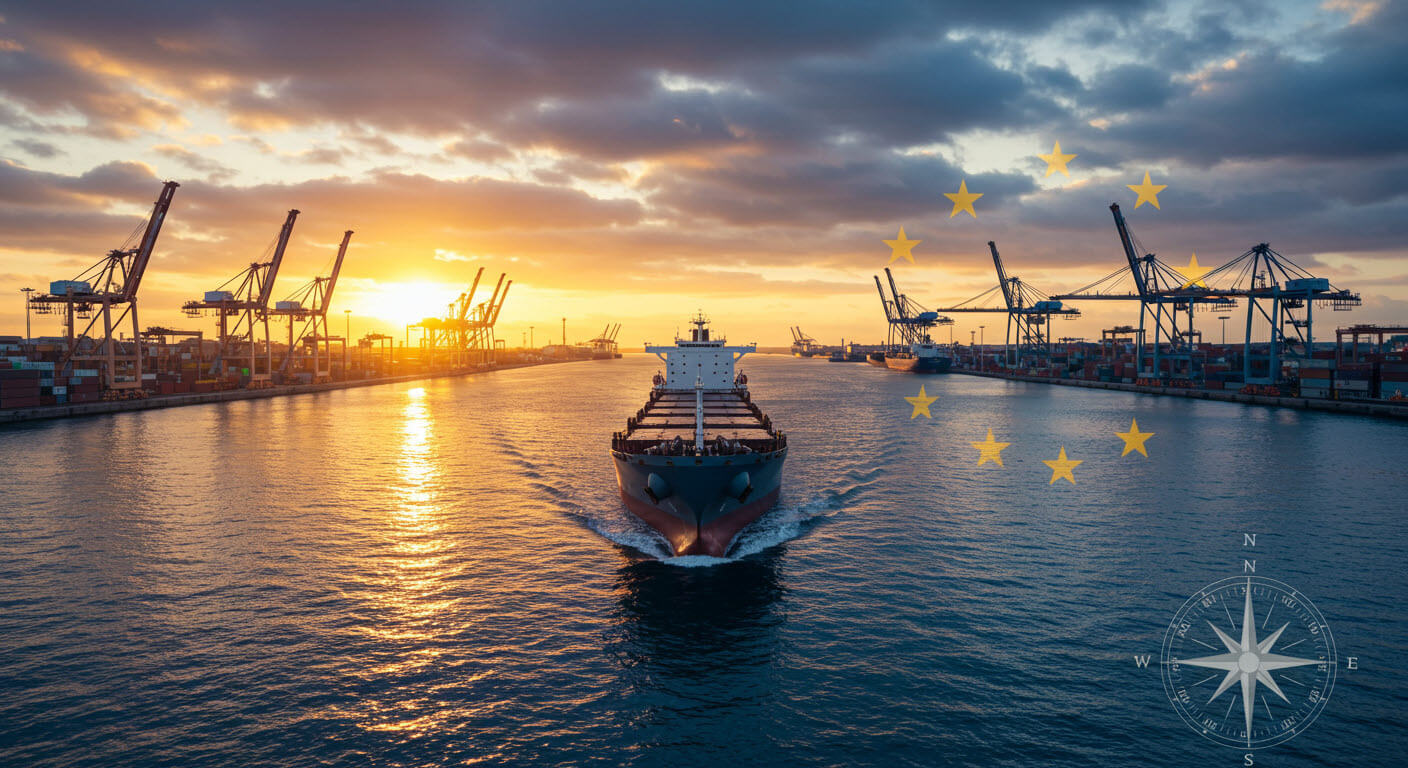 항구에서 화물선이 물살을 가르며 출발하고 있는 모습