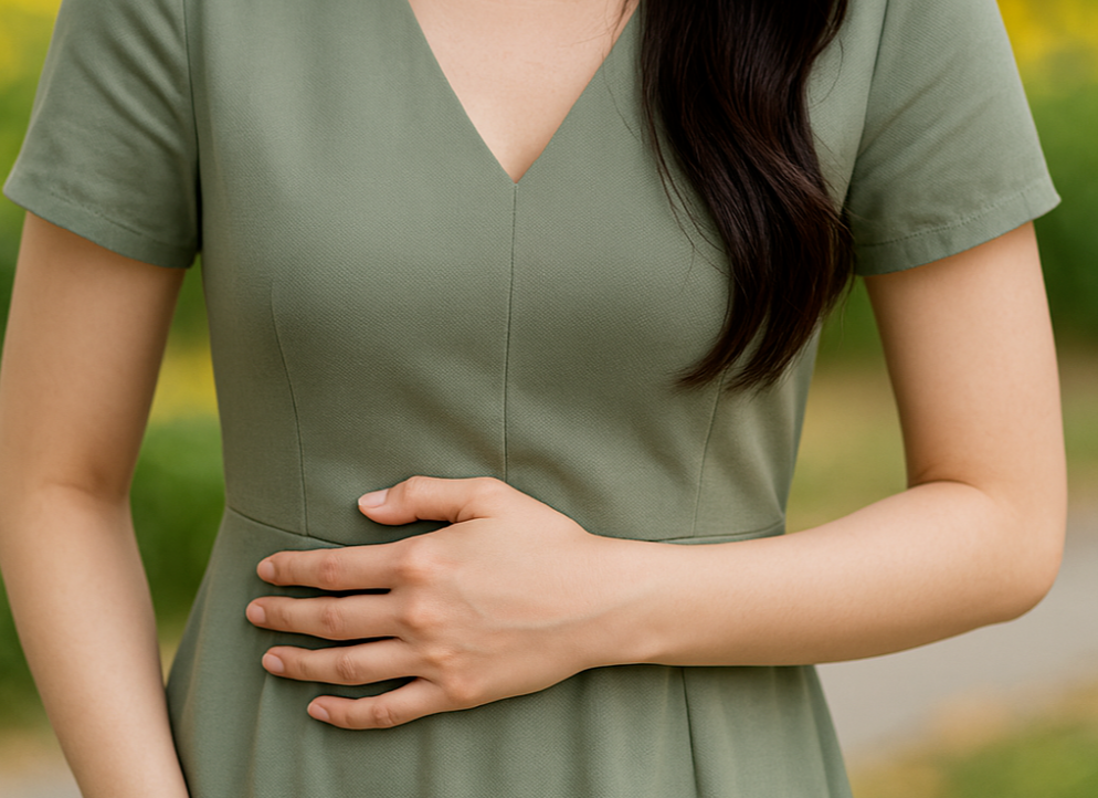 소화불량으로 인해 배를 감싸고 있는 여성, 봄철 속 더부룩한 증상 묘사