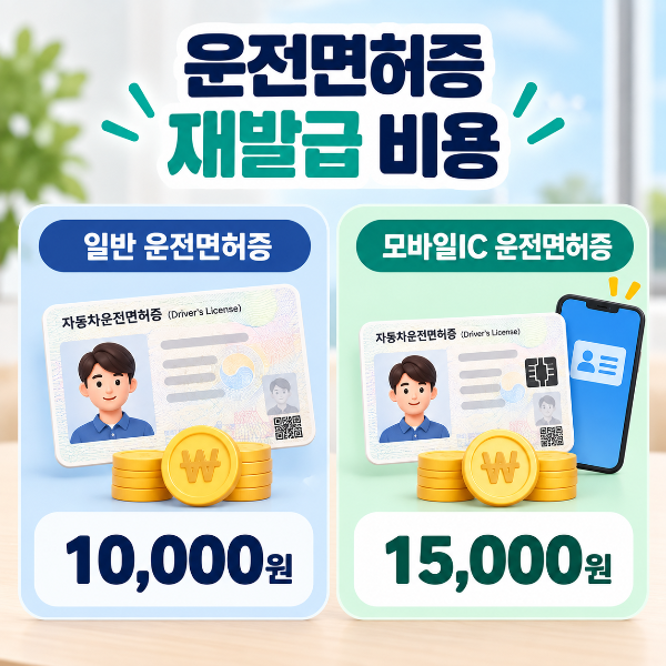 일반 운전면허증 재발급 비용 1만원과 모바일IC 운전면허증 1만5천원을 비교한 이미지