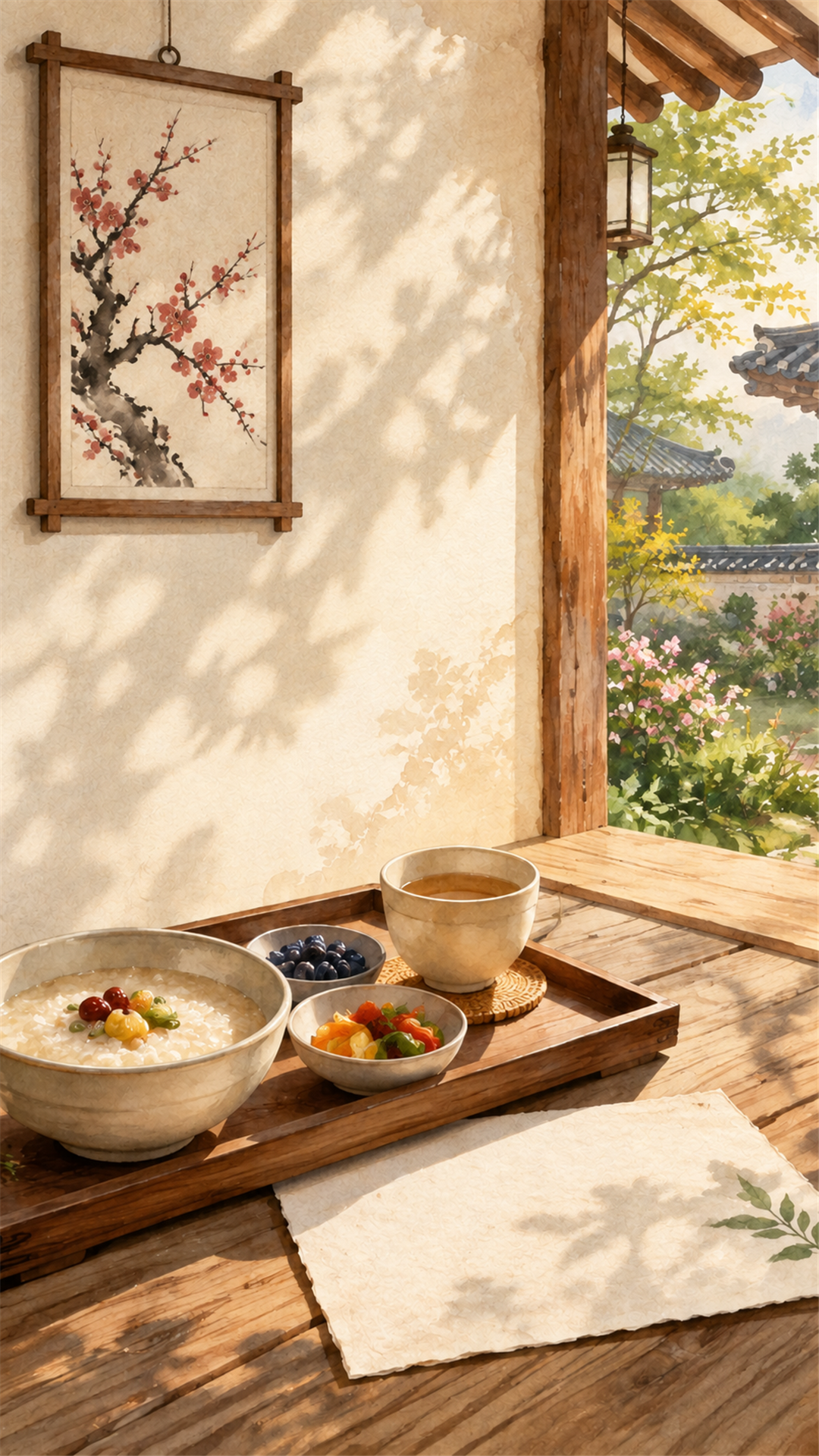 한옥 마루 위 죽과 차가 놓인 한국 전통 감성 스마트폰 배경화면