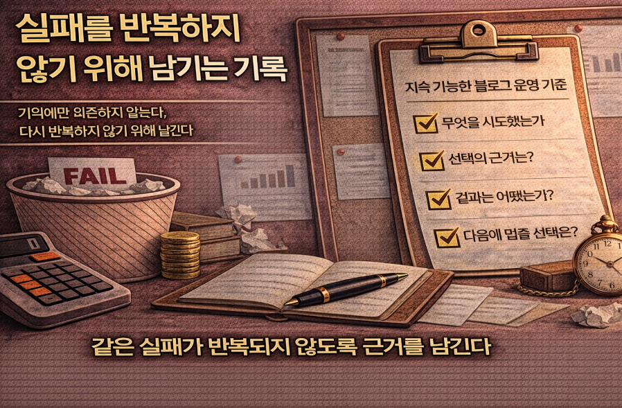 실패를 반복하지 않기 위해 기록의 중요성을 강조한 블로그 대표 썸네일 이미지, 실패 원인을 분석하고 기준으로 남기는 운영자 기록 화면