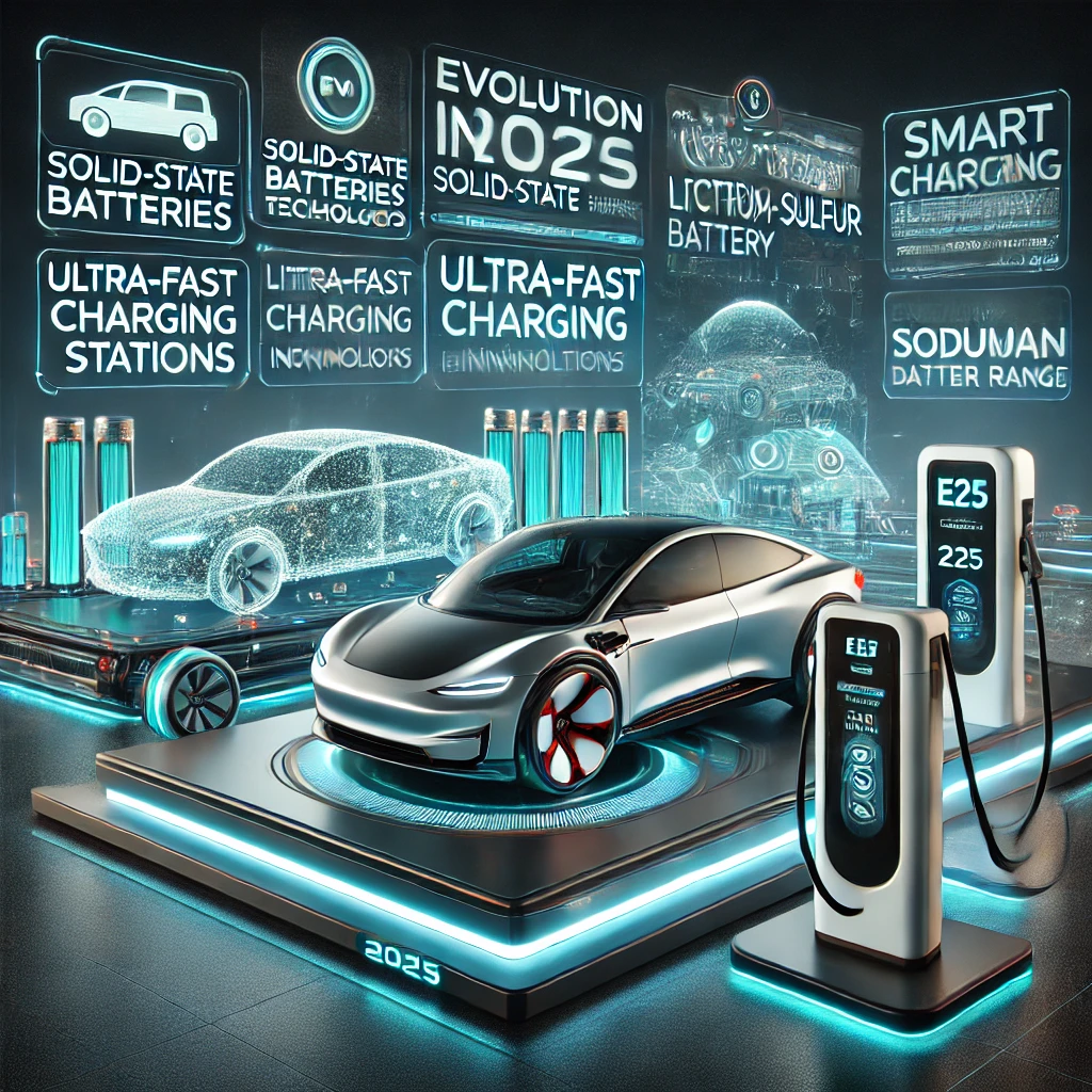 2025년 전기차 배터리 기술 혁신을 반영한 하이테크 미래 전기차 충전 환경 이미지
