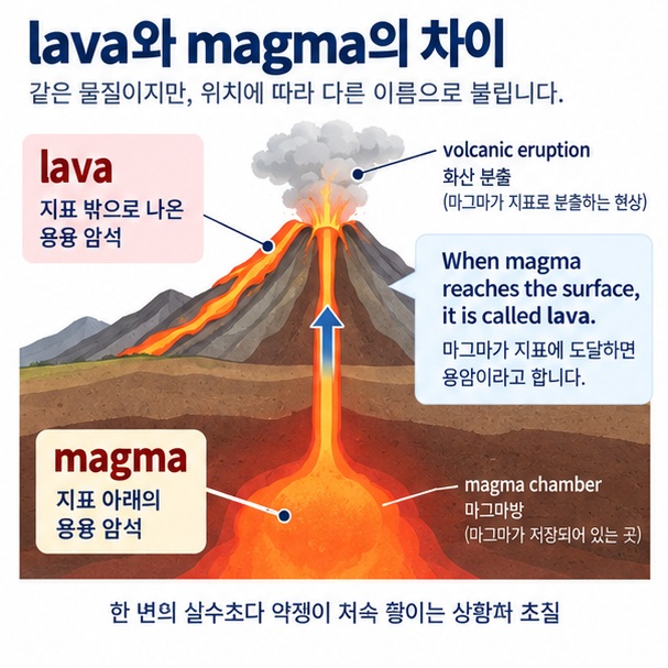 지하의 magma가 지표 밖으로 나오면 lava가 되는 차이를 화산 단면도로 보여주는 이미지