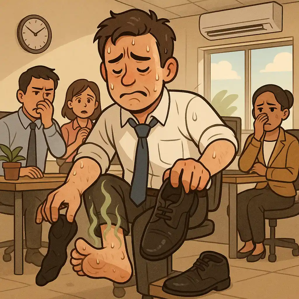 사무실에서 신발을 벗는 순간 주변 사람들의 표정이 불편해지는 장면, 발 모양에서 퍼져나오는 냄새를 상징하는 그래픽, 여름철 실내 환경, 땀과 습기가 가득한 발