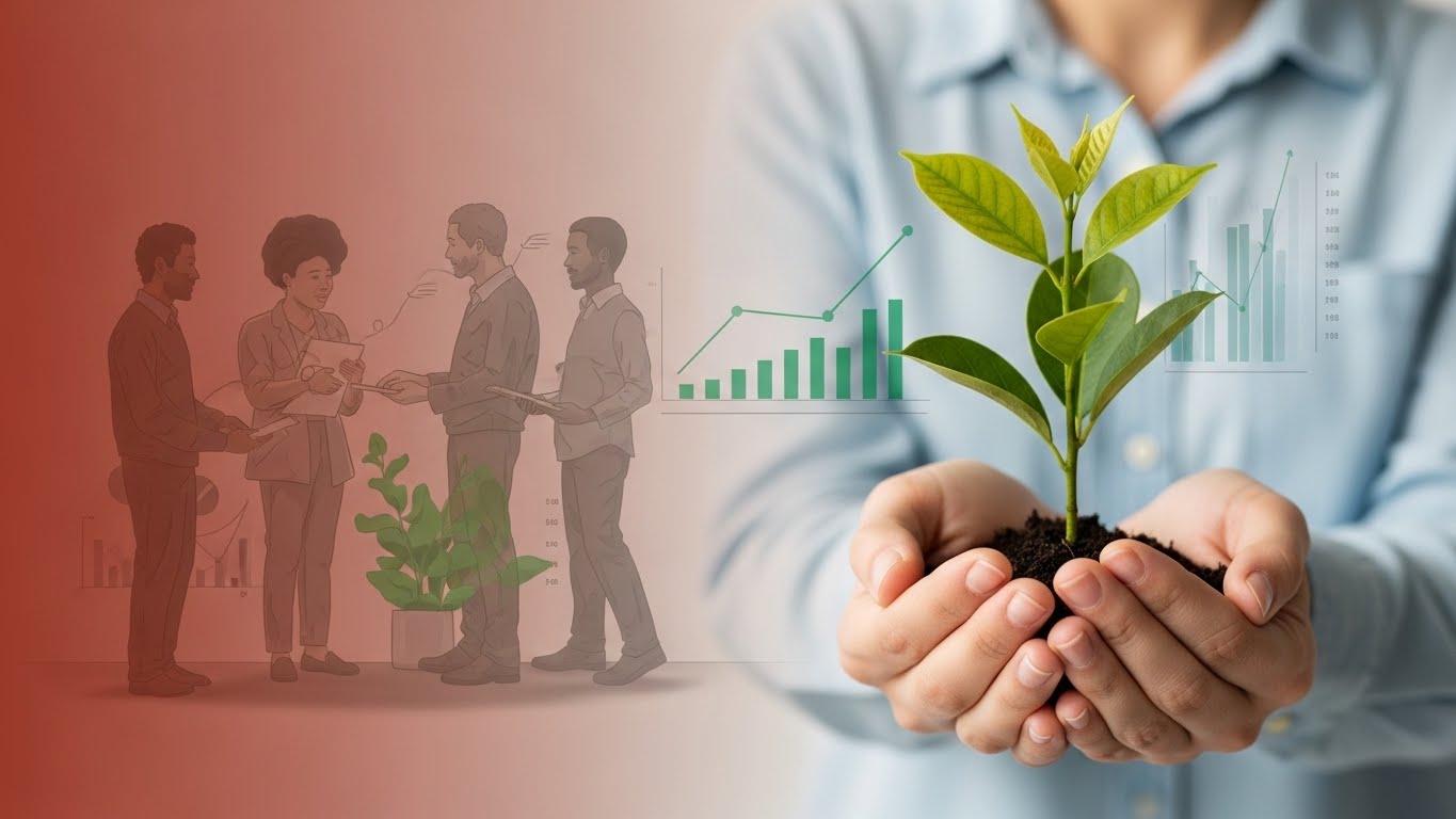 희망찬 미래를 상징하는 새싹을 받치는 손과 저금리 정책서민금융 지원을 받는 사람들의 모습