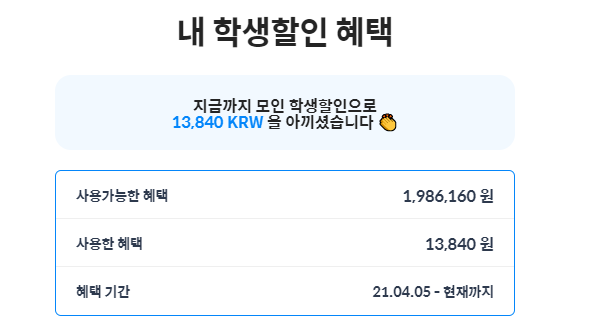 제가 21년부터 현재까지 받아온 학생할인 혜택