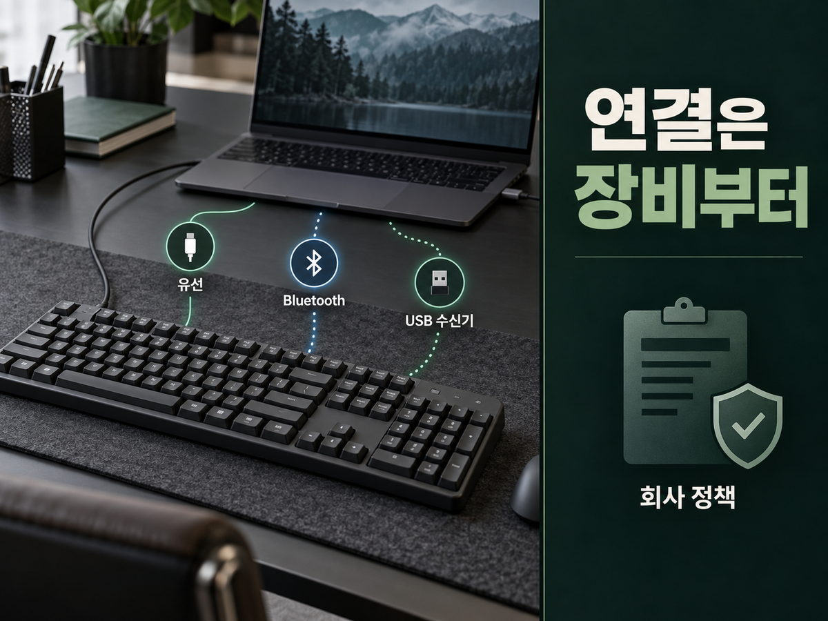 유선, Bluetooth, USB 수신기 연결 방식과 회사 장비 정책 확인 순서를 설명하는 카드