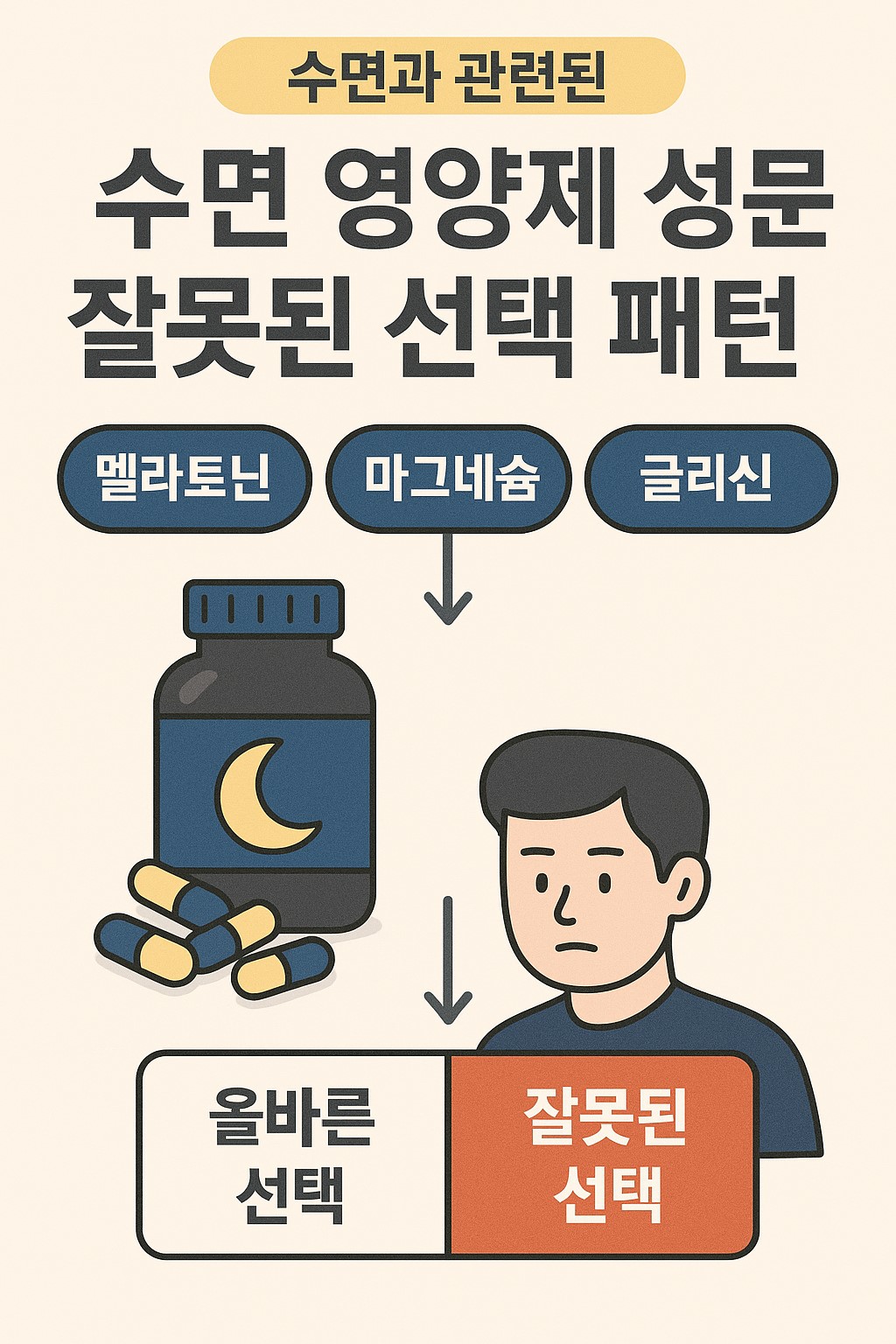 수면과 관련된 멜라토닌, 마그네슘, 글리신 등 수면 영양제 성분과 잘못된 선택 패턴을 구조적으로 정리한 인포그래픽