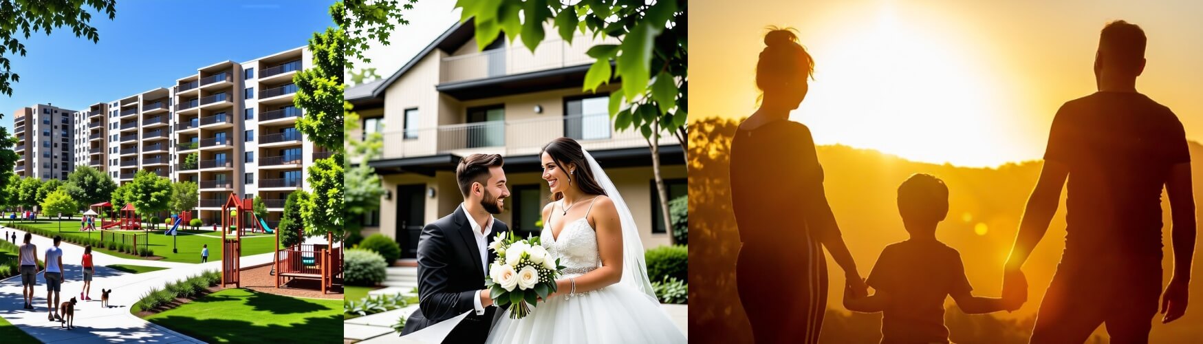 아파트 단지, 신혼부부, 아이-손을잡고있는-세가족