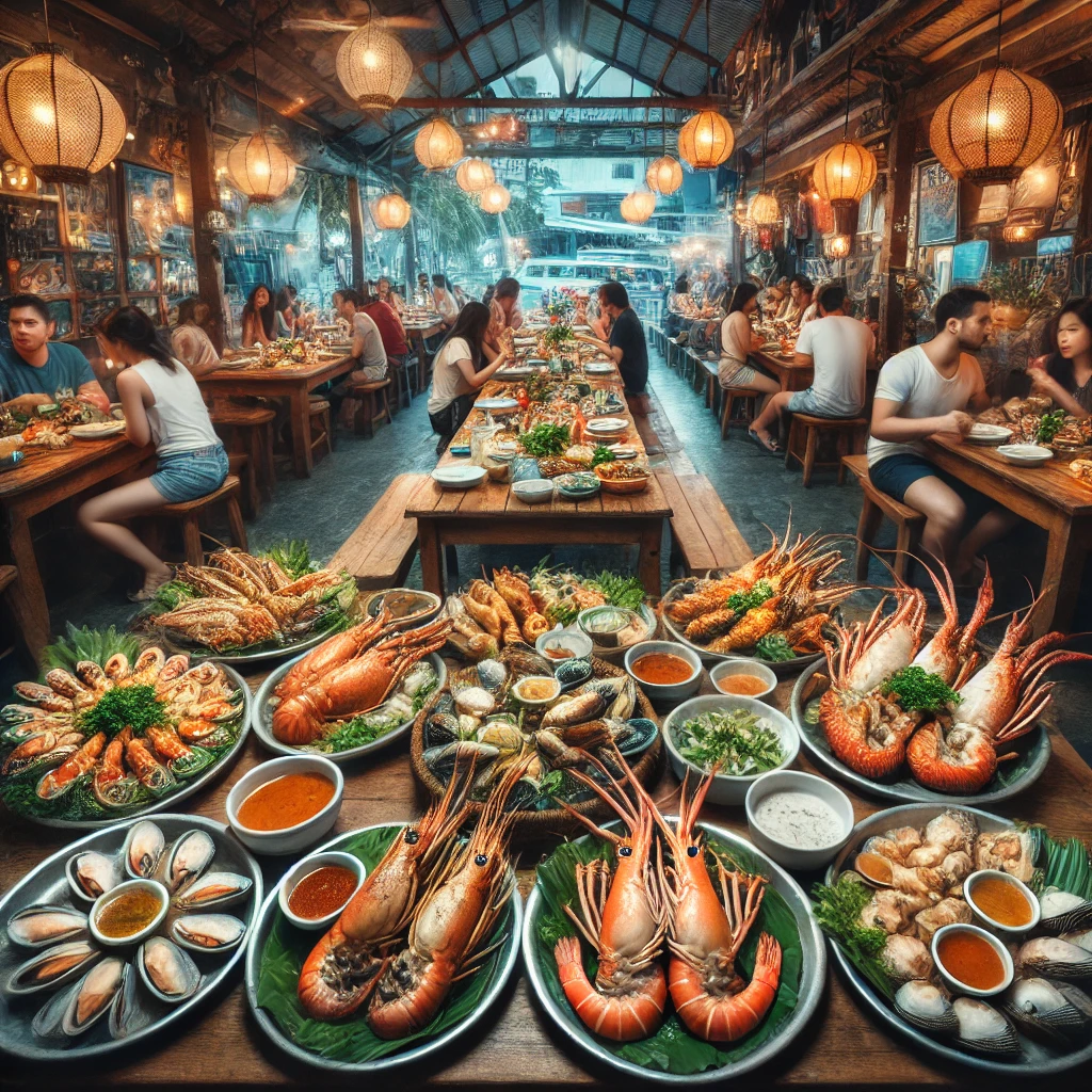 신선한 해산물 요리와 세부 로컬 식당의 활기찬 분위기, 테이블 가득한 해산물 플래터