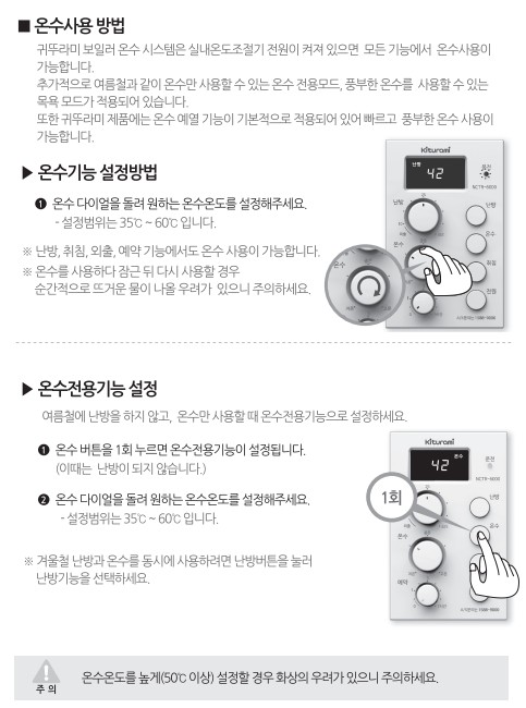 귀뚜라미보일러 사용설명서 - 트윈알파SS(S) 가스보일러(NCTR-6000) 온수 사용방법, 설정방법