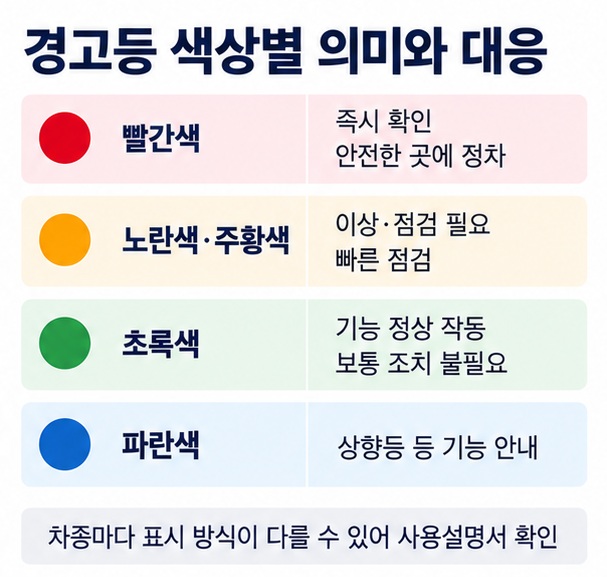 빨간색 노란색 주황색 초록색 파란색 차량 경고등의 의미와 기본 대응방법을 비교한 표