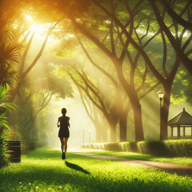 나무가-우거진-공원에서-슬로우-조깅-하는-여자