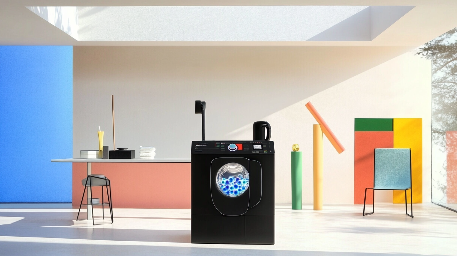 현대적인 가전제품들이 있는 하이테크 세탁실에 배치된 미래형 블랙 디자인과 혁신적인 버블 세탁 시스템을 갖춘 세탁기 이미지