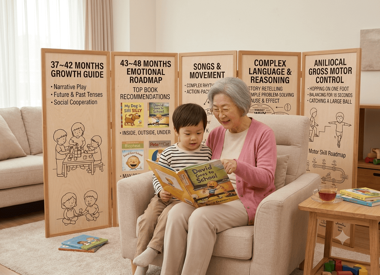 48개월된 손자와 할머니가 "Davis goes to school!"이라는 책을 거실에서 다정하게 읽고 있는 이미지
