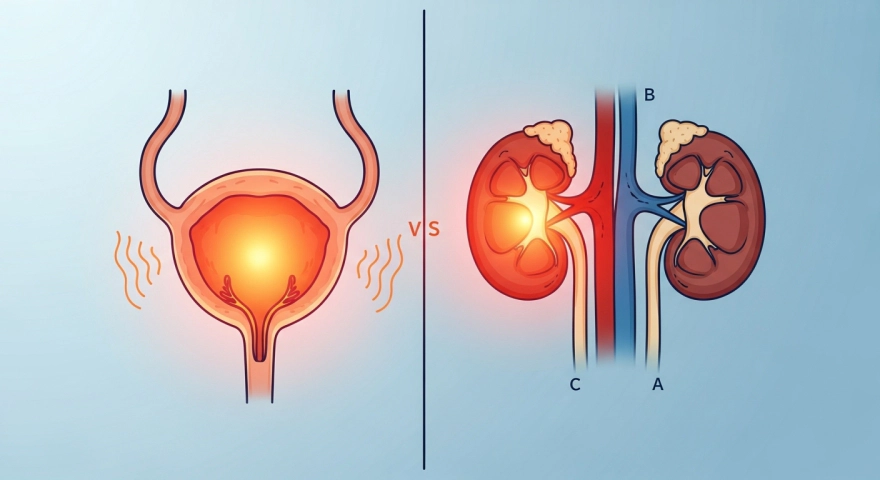 방광에 국한된 염증과 신장으로 번진 염증 비교 그림