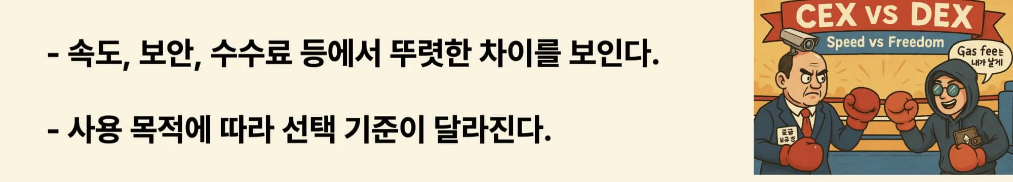 ‘속도, 보안, 수수료 등에서 뚜렷한 차이를 보인다 / 사용 목적에 따라 선택 기준이 달라진다’라는 문구가 포함된 웹배너 이미지. 이 이미지는 CEX와 DEX의 주요 차이점을 시각적으로 전달하며, 블로그의 거래소 비교 주제와 관련된 내용을 설명함 (crypto exchange comparison, pros and cons)