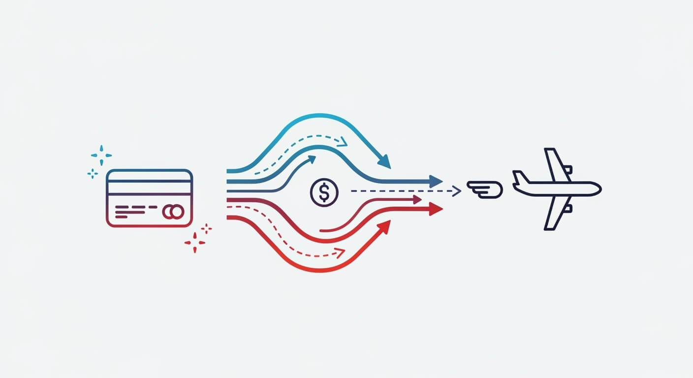 신용카드에서 항공기로 이어지는 포인트 전환 개념 일러스트