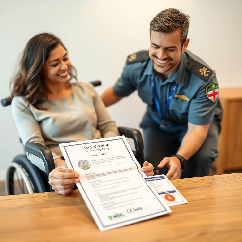 휠체어를 탄 학생이 안내원의 도움을 받아 편안하게 접수하는 모습, 또는 증명서류(진단서, 장애인증명서 등)가 강조된 장면을 담아주세요. 따뜻하고 배려심 있는 분위기로 연출합니다.