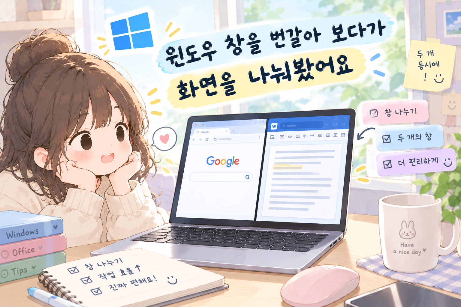 윈도우 창을 번갈아 보다가 화면을 나눠봤어요