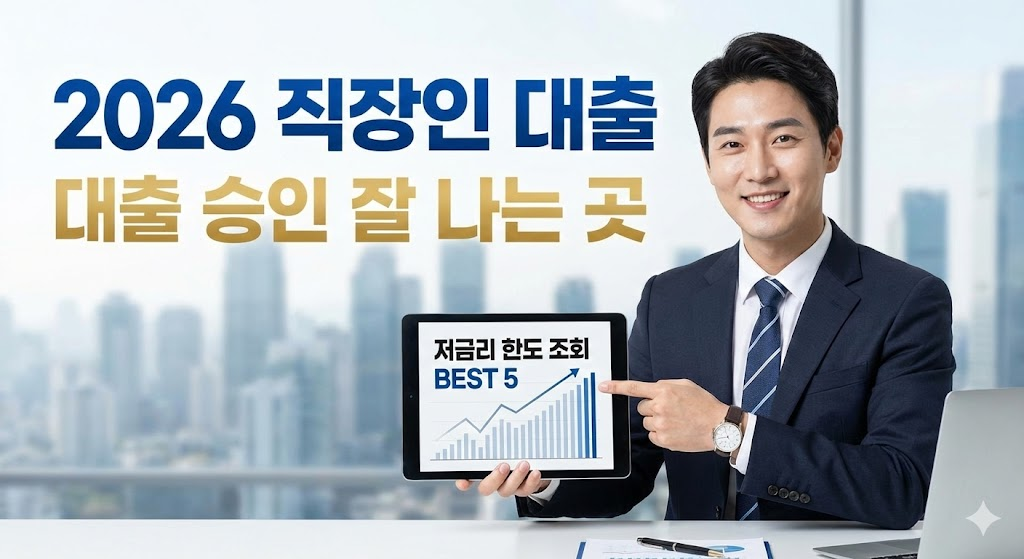 금융 전문가가 '저금리 한도 조회 BEST 5' 그래프를 가리키며 웃고 있는 직장인 대출 블로그 썸네일.