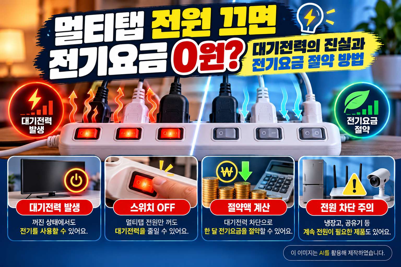 멀티탭 전원 스위치 ON&middot;OFF에 따른 대기전력 발생과 전기요금 절약 효과, 전원 차단 시 주의사항을 설명하는 이미지
