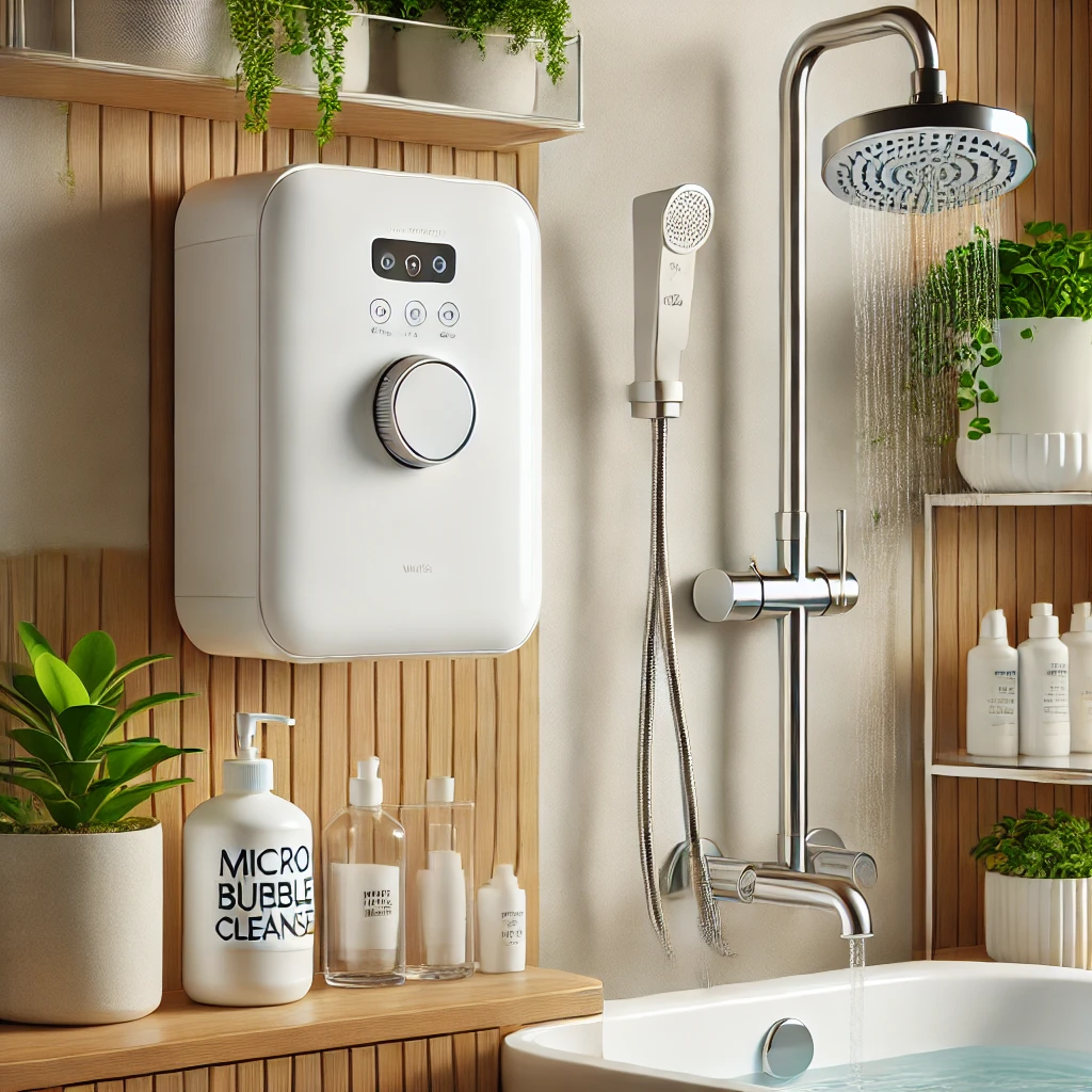 깨끗하고 모던한 한국 욕실에 설치된 흰색 쿠쿠 연수기와 샤워기