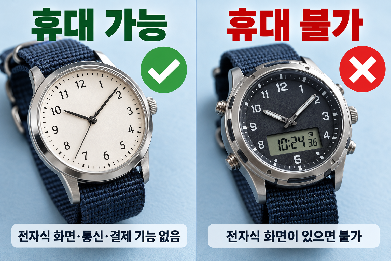 전자식 화면·통신·결제 기능이 없는 아날로그 시계는 가능하고 전자식 화면이 달린 시계는 불가