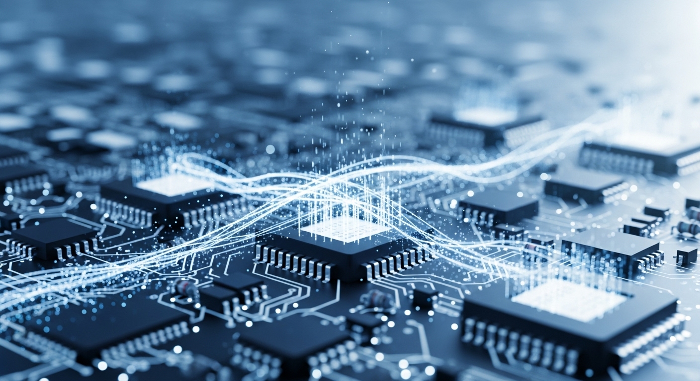 과거 금리 인하 시기 기술 및 소비재 섹터의 강한 성장세를 보여주는 스타일화된 주식 시장 차트