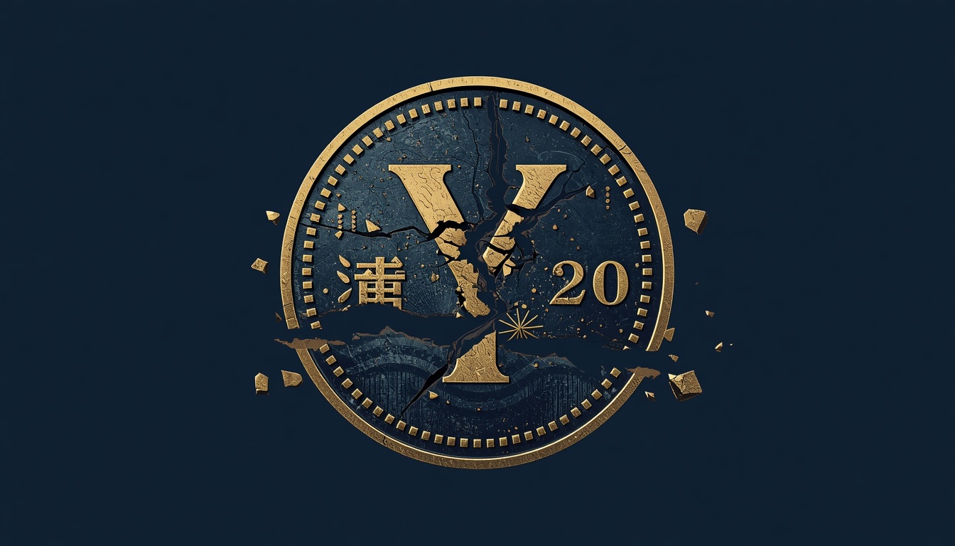 A cinematic, minimalist infographic style illustration of a crumbling Japanese Yen coin, symbolizing the loss of its safe-haven status
