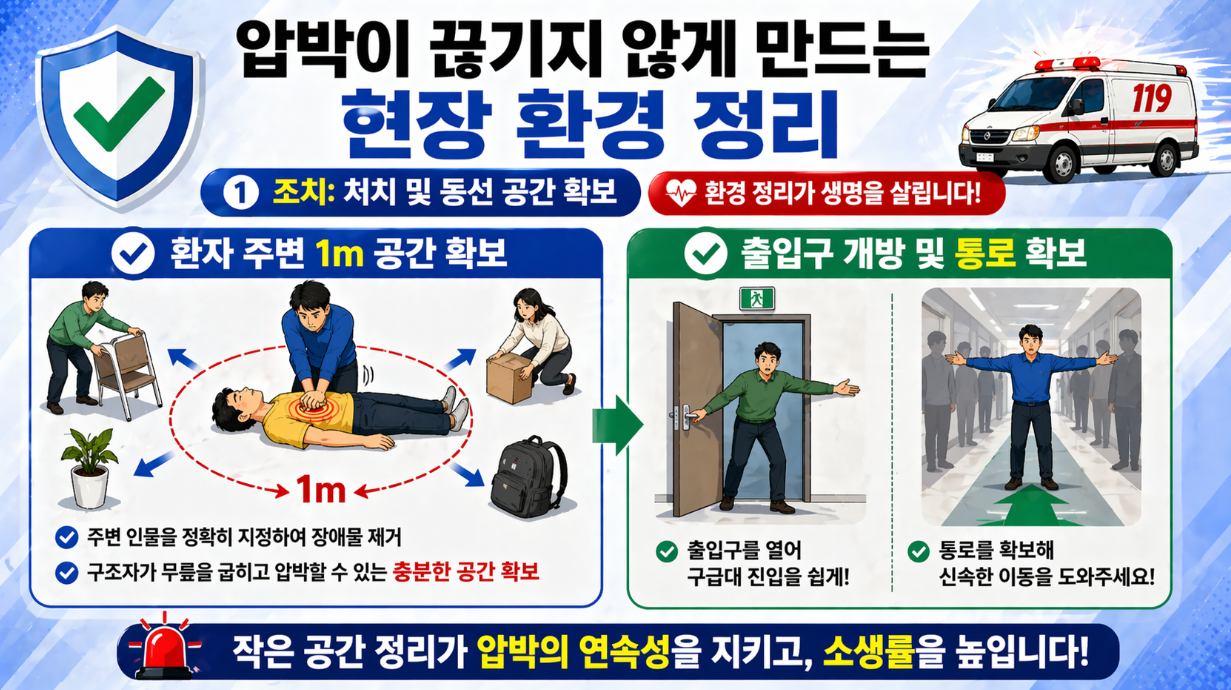 가슴압박이 끊기지 않도록 환자 주변 공간 확보와 출입 동선 정리 방법 안내