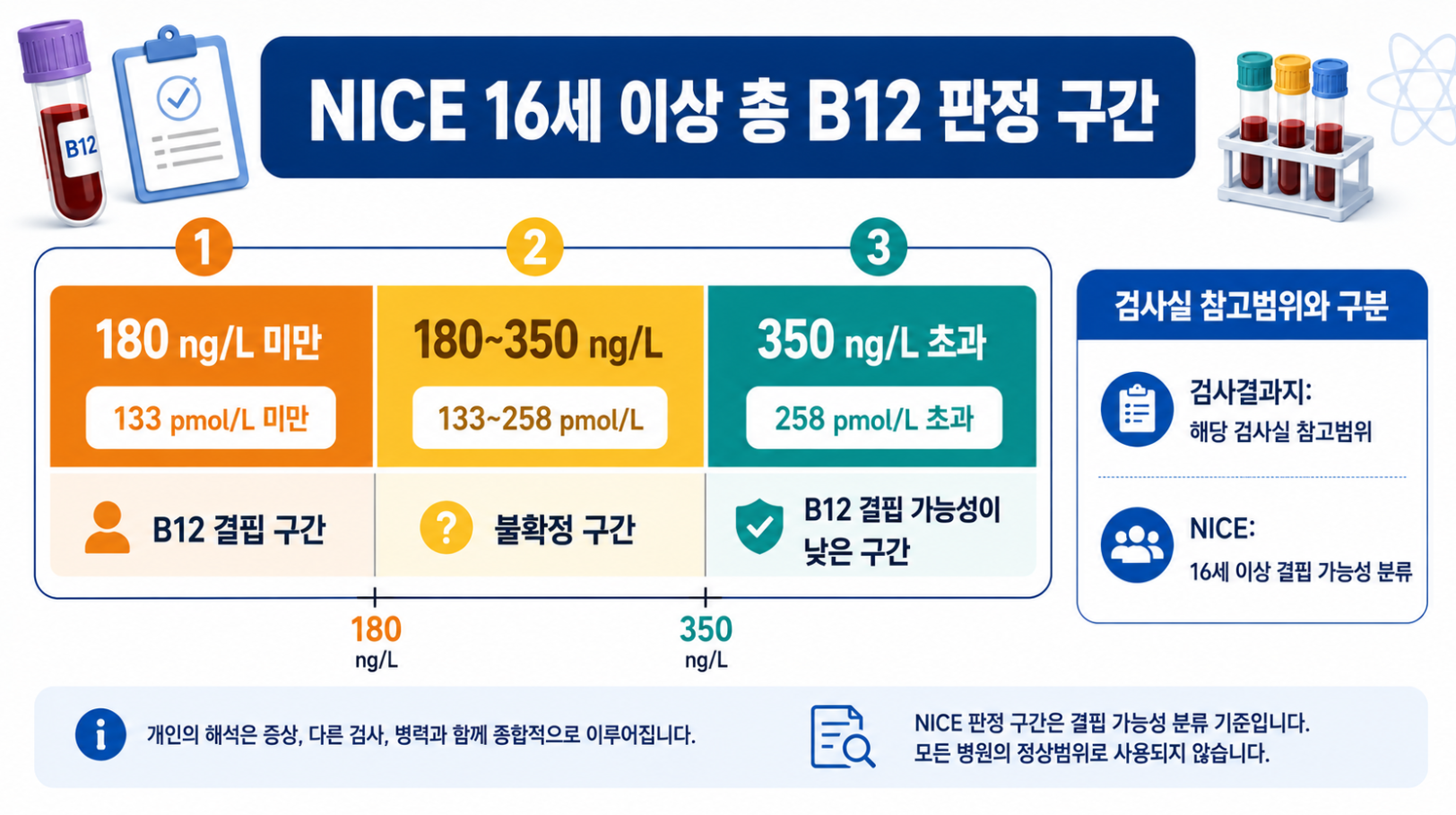 NICE 16세 이상 총 B12 판정 구간과 검사실 참고범위의 차이를 설명하는 비타민 B12 수치 구간 인포그래픽