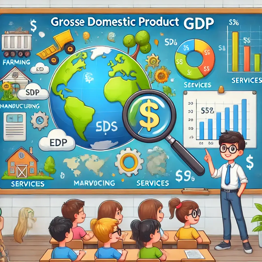 GDP에 대해 선생님이 학생들에게 설명하는 모습이다. 칠판에는 다양한 그래프와 지구모형이 있고 경제 용어들이 적혀있는 모습이며 앞에 학생들은 이를 경청하는 애니메이션 형태의 사진이다.