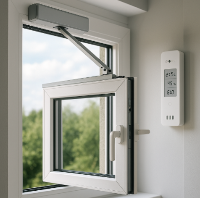실내 환경 센서와 연결된 자동 창문 개폐 장치가 설치된 하얀 프레임 창문