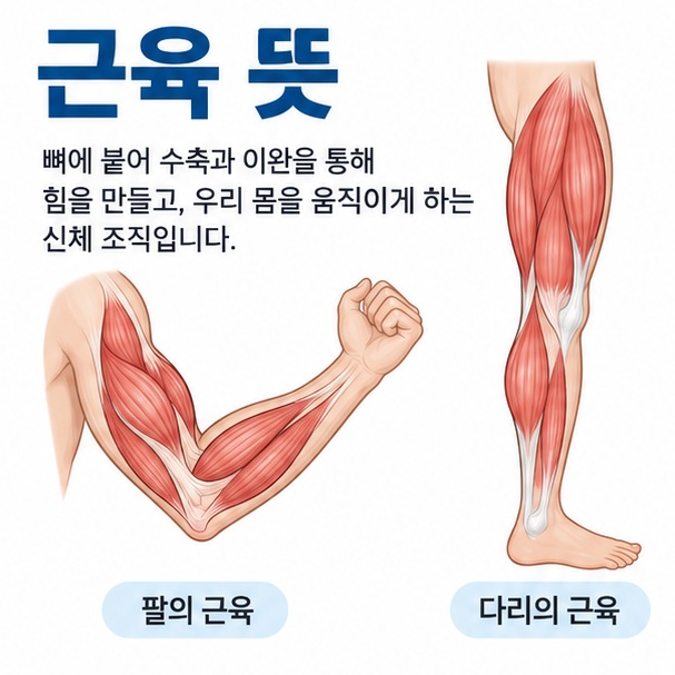 사람의 팔과 다리 근육 구조를 배경으로 근육 뜻이라는 글자가 중앙에 놓인 교육용 인포그래픽