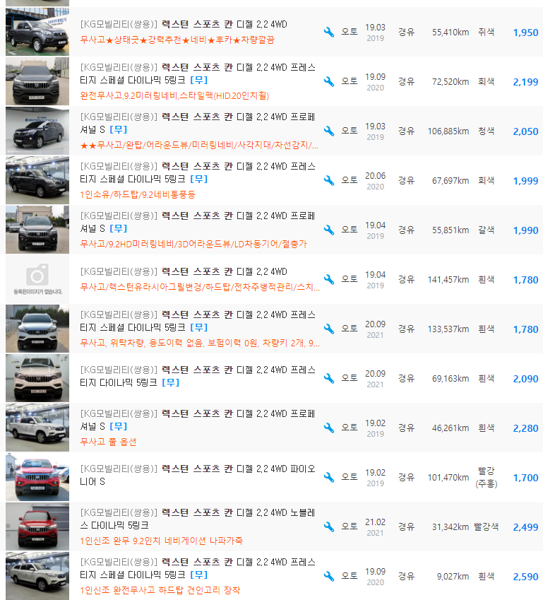 렉스턴 스포츠 칸 2.2 디젤 등급 중고차 시세 : 1&#44;580만원 ~ 2&#44;799만원