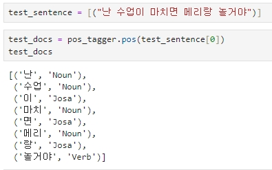 테스트 문장 생성하여 형태소 분석하기