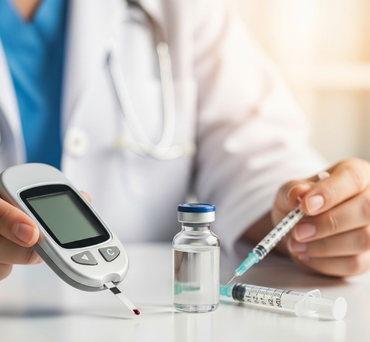 혈당체크기로 혈당체크하는 모습