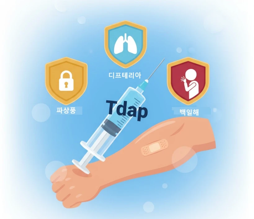 파상풍, 디프테리아, 백일해 예방주사인 Tdap 백신을 상징젖드로 설명하는 인포그래픽
