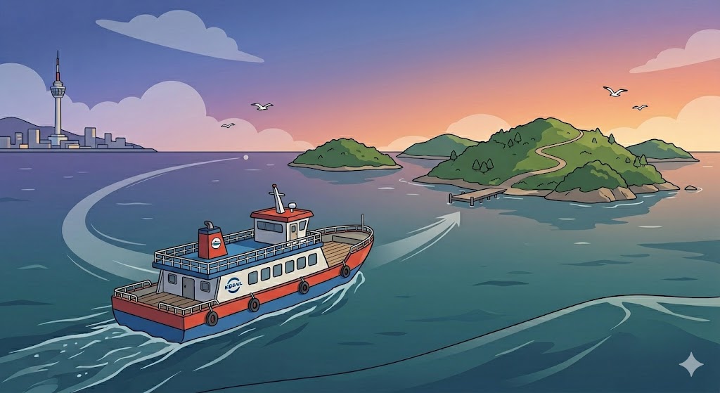 섬을 향해 바다를 항해하는 여객선 모습