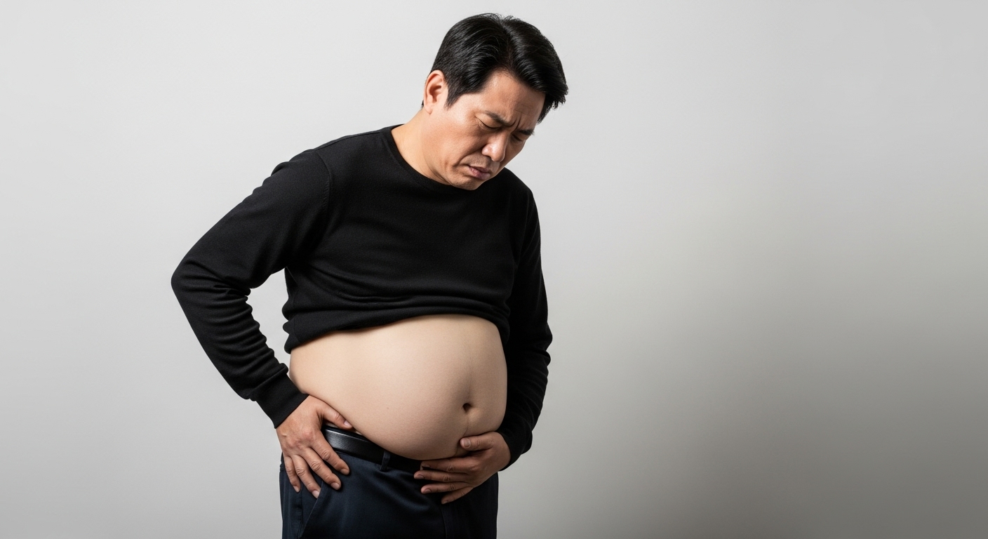 배가 나오고 힘들어 보이는 50대 한국 남성