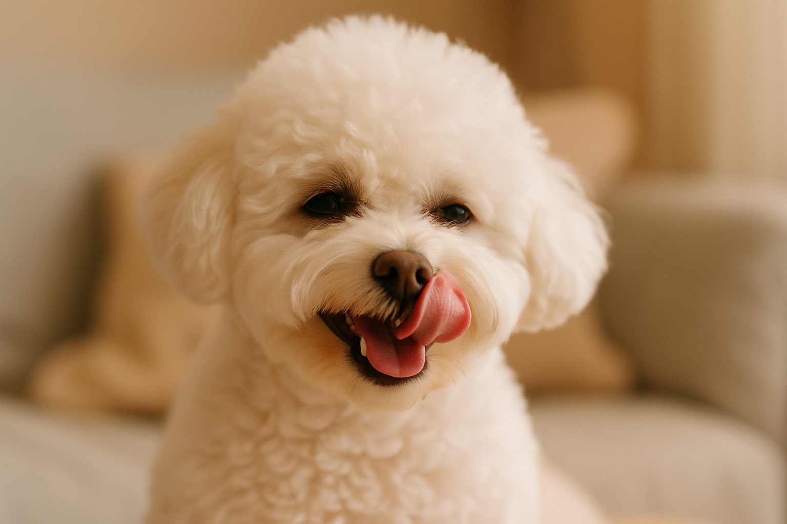 작고 사랑스러운 강아지(비숑 프리제)가 간식을 먹은 후 편안하고 행복하게, 어쩌면 살짝 입맛을 다시는 듯한 모습의 클로즈업 사진입니다. 배경은 부드럽고 아늑하여 편안함과 웰빙을 강조합니다.