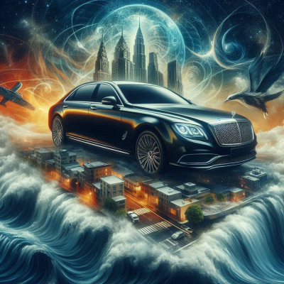 우주에서 고급 자동차와 도시 풍경이 어우러진 장면.