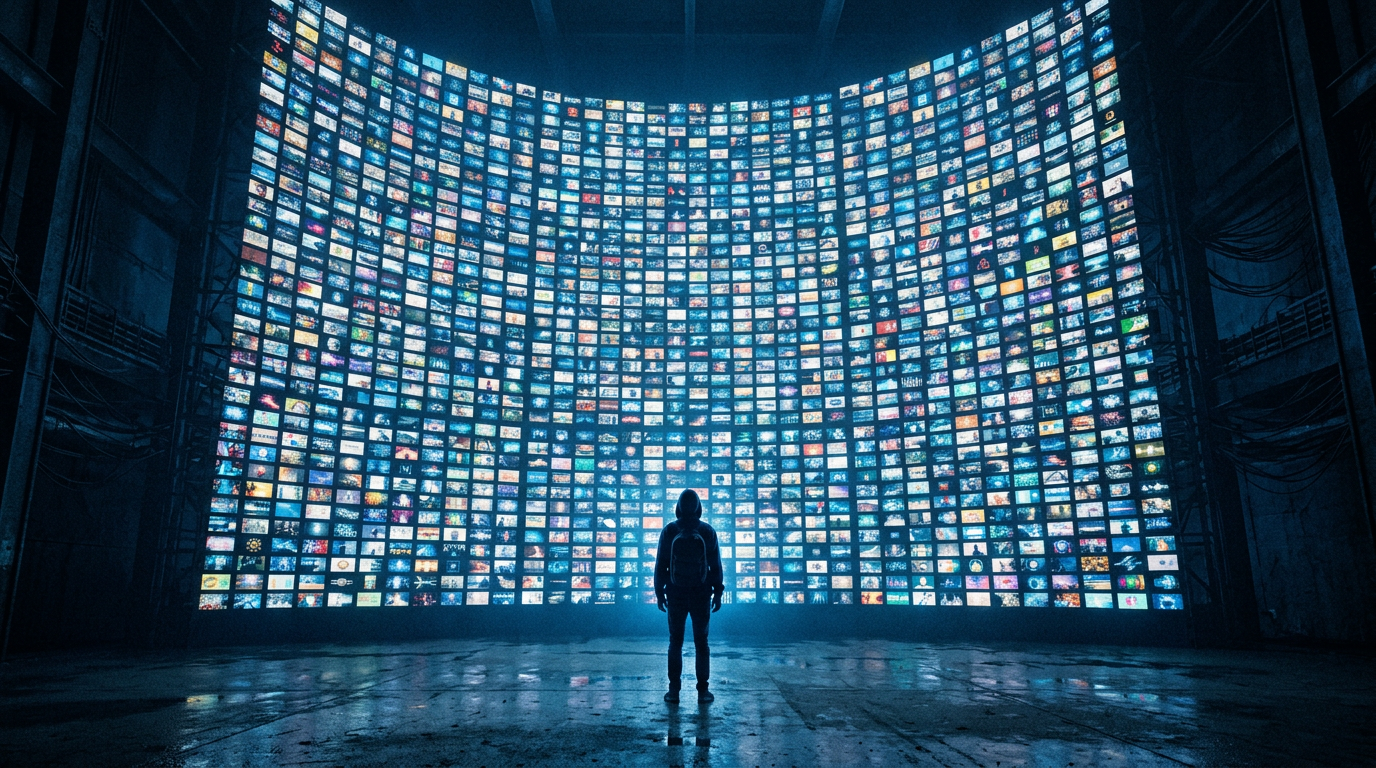 AI 슬롭 콘텐츠 홍수를 상징하는 거대한 화면의 벽 앞에 선 사람