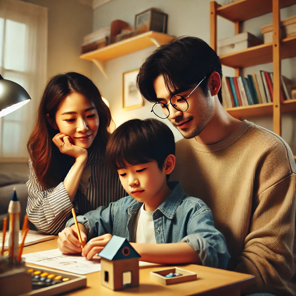집 안에서 과학 프로젝트에 몰두하는 아들을 다정하게 지켜보며 응원하는 부모, 작은 모형 로켓을 조립하며 설명서를 들고 도움을 주는 아버지와 미소로 격려하는 어머니, 창의적인 소품과 책이 가득한 따뜻한 분위기의 공부방.