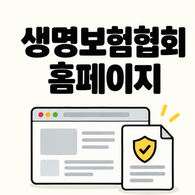 생명보험협회 홈페이지를 소개하는 제목과 인터넷 화면, 보험 문서 아이콘
