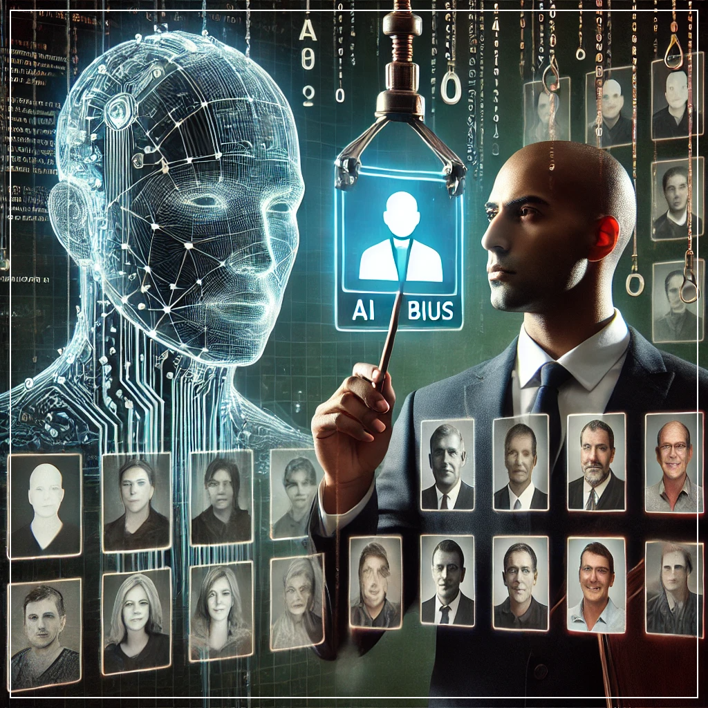 AI 알고리즘이 다양한 인간 프로필을 분석하는 장면, AI의 의사 결정 편향 문제를 강조