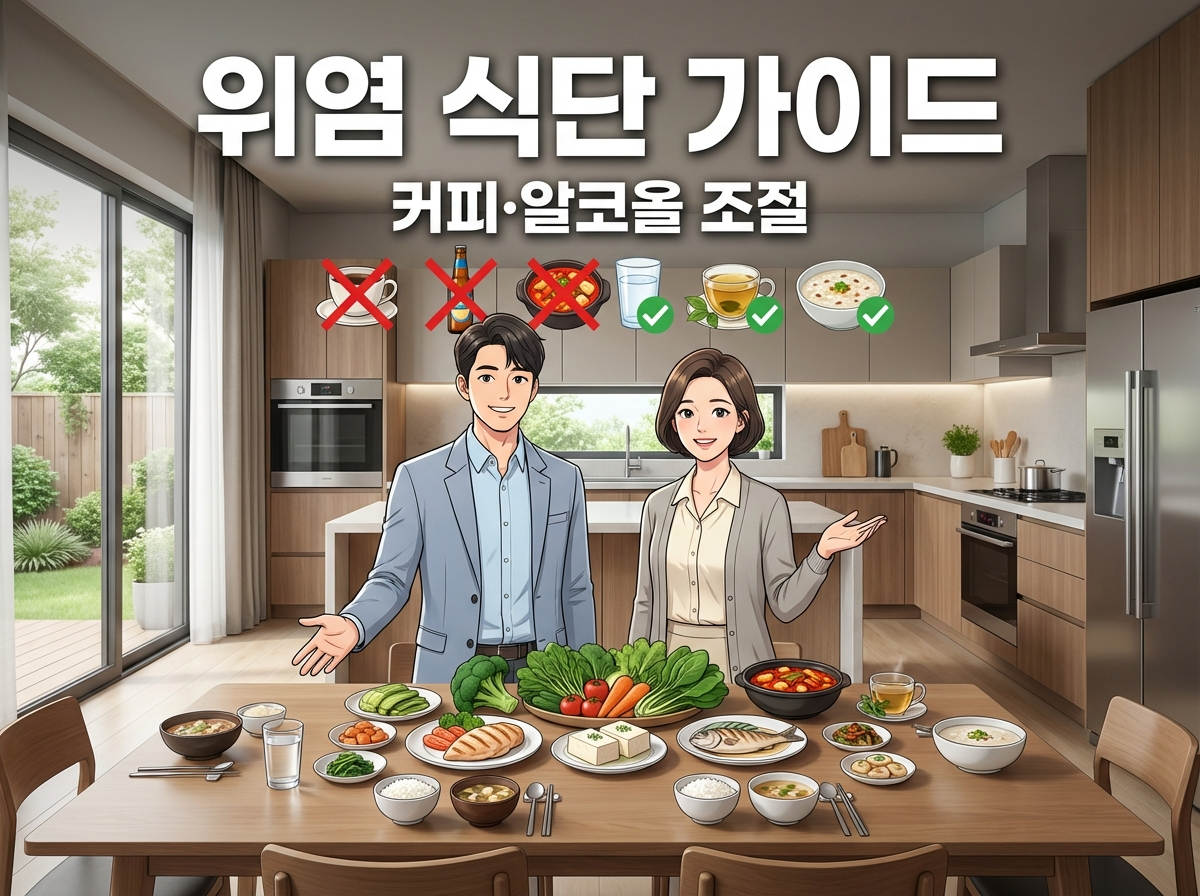 위염 식단 가이드를 설명하는 한국 영양사 애니메이션 캐릭터가 건강한 식재료와 피해야 할 커피&middot;술을 표시하며 안내하는 식이요법 인포그래픽 이미지
