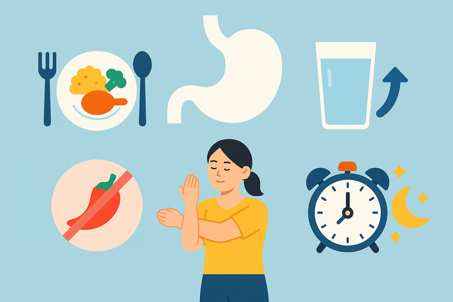 규칙적 식사, 충분한 수분 섭취, 자극적 음식 줄이기, 식사 전후 스트레칭, 잠들기 3시간 전 식사 마무리