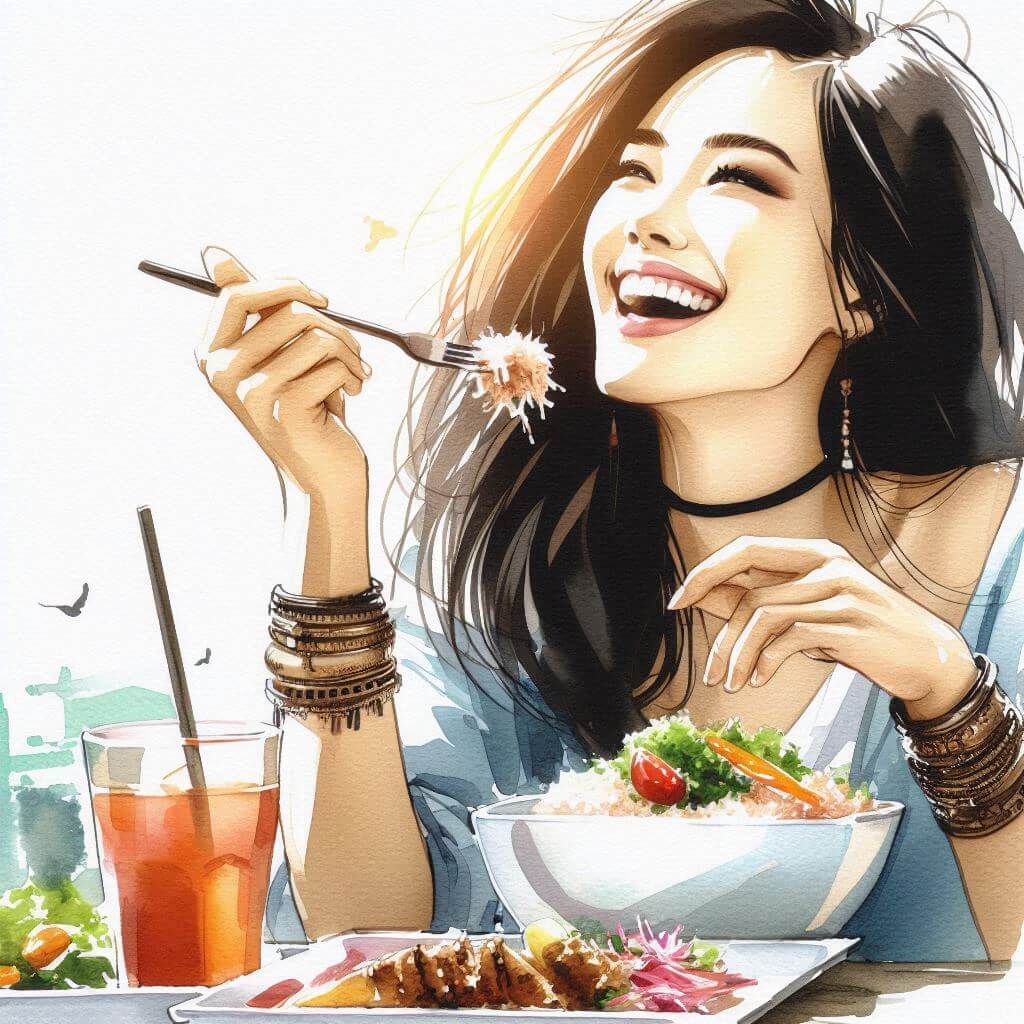 아주 행복하게 먹고 있는 세련된 여성 수채화 이미지